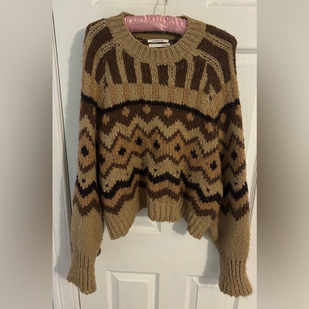 Anthropologie Brown and Tan Patterned Sweater